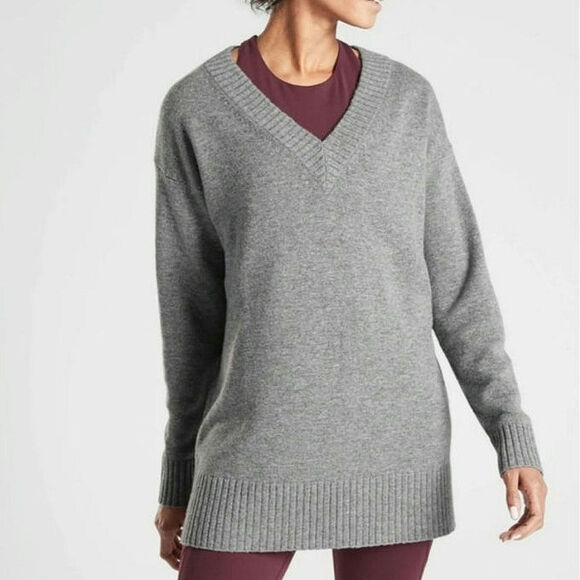 Athleta Wool Cashmere V Neck Long Sleeve Tunic Gray Sweater Cozy Minimalist M - Picture 2 of 16